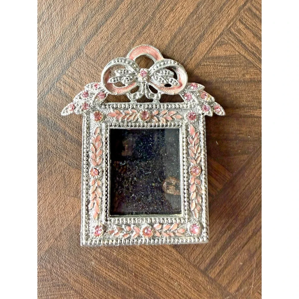 Vintage Mini Picture Frame Silver Tone Pink Enamel Rhinestone Bow Ornate Decor